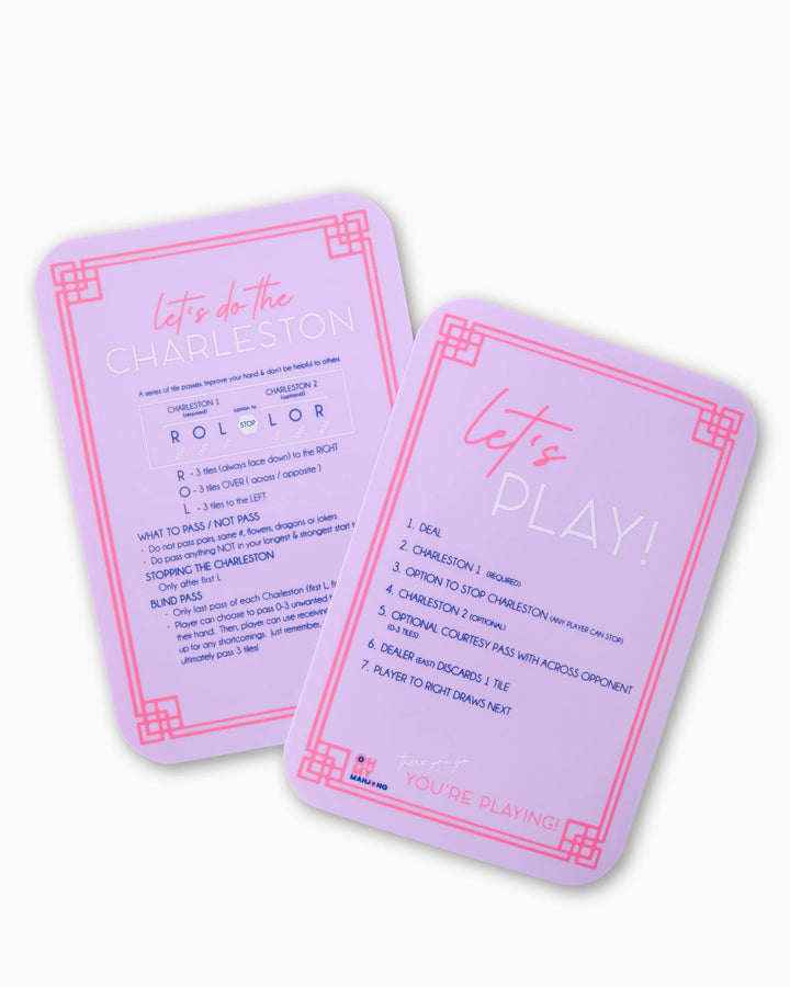Two pastel purple cards with pink borders; Charleston instructions and play/shuffling tips. Sizes available: standard only.
