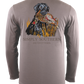 A Hunt Dog long-sleeve gray t-shirt, made from 100% Cotton, featuring a graphic print of a black dog surrounded by colorful autumn leaves. The shirt has text above reading "Simply Southern Out".