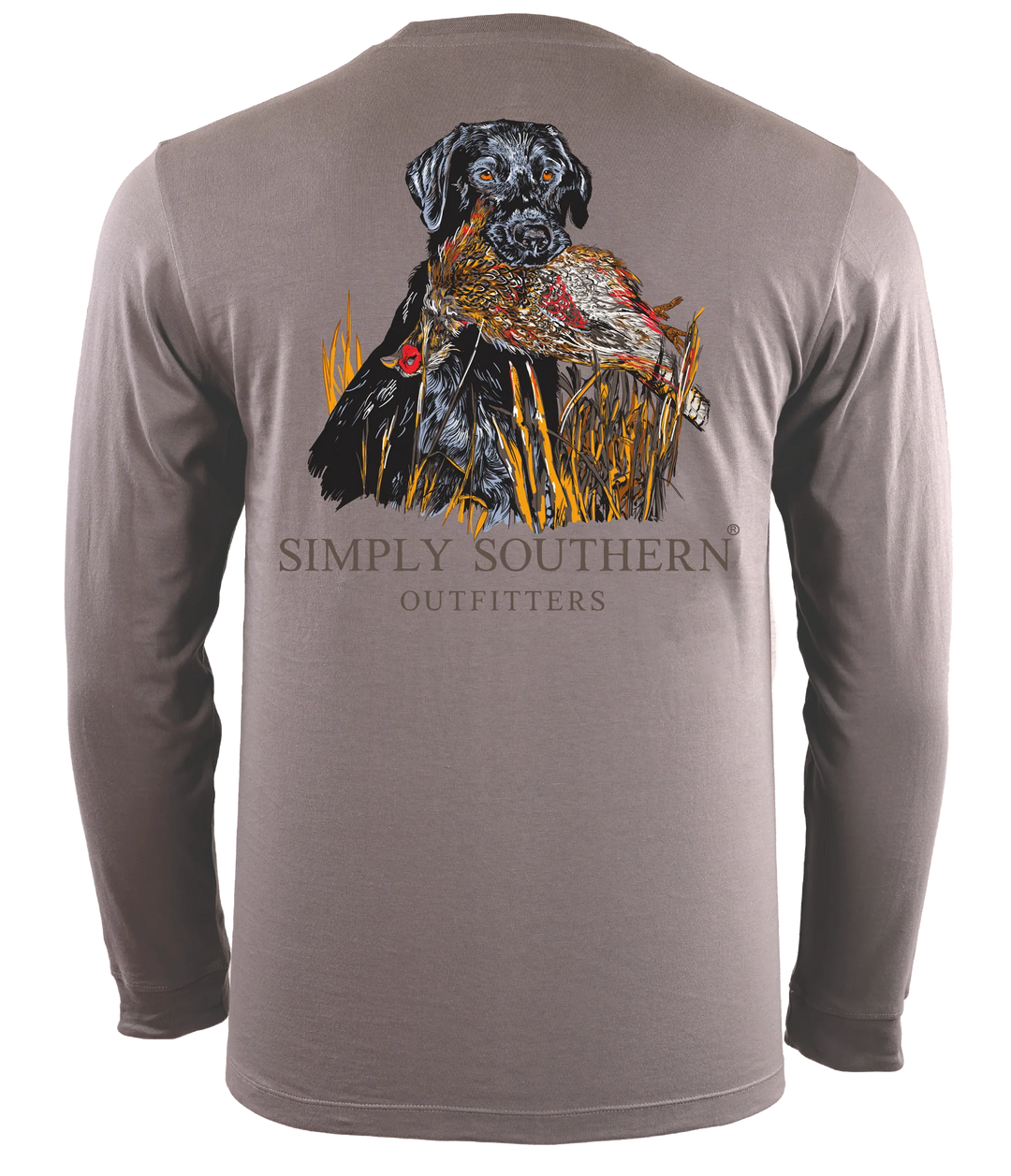 A Hunt Dog long-sleeve gray t-shirt, made from 100% Cotton, featuring a graphic print of a black dog surrounded by colorful autumn leaves. The shirt has text above reading "Simply Southern Out".