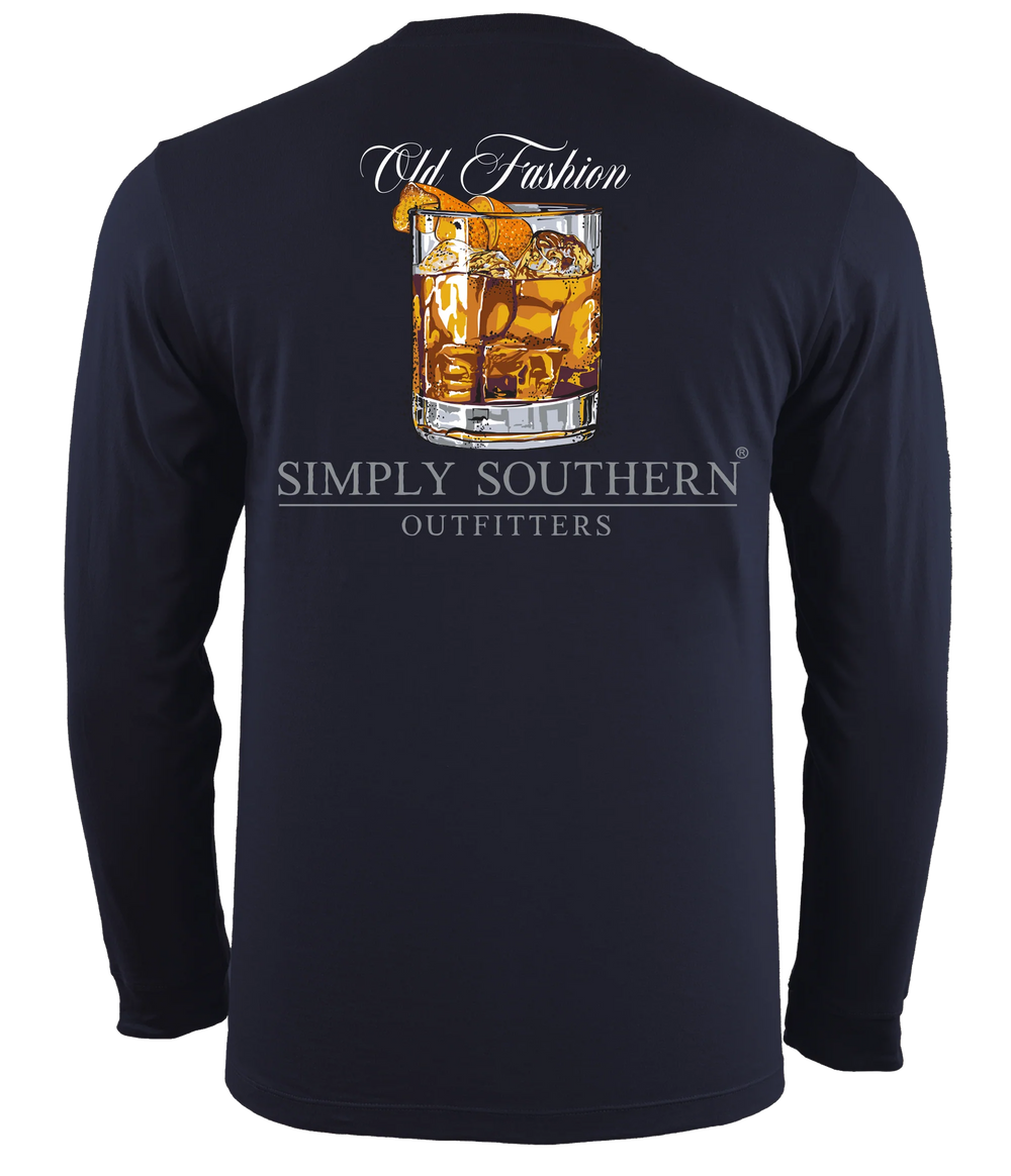 Navy blue long-sleeve Old Fashion unisex t-shirt with a sizing guide, featuring an illustration of an old fashioned cocktail on the back, labeled "old fashion" above the image.