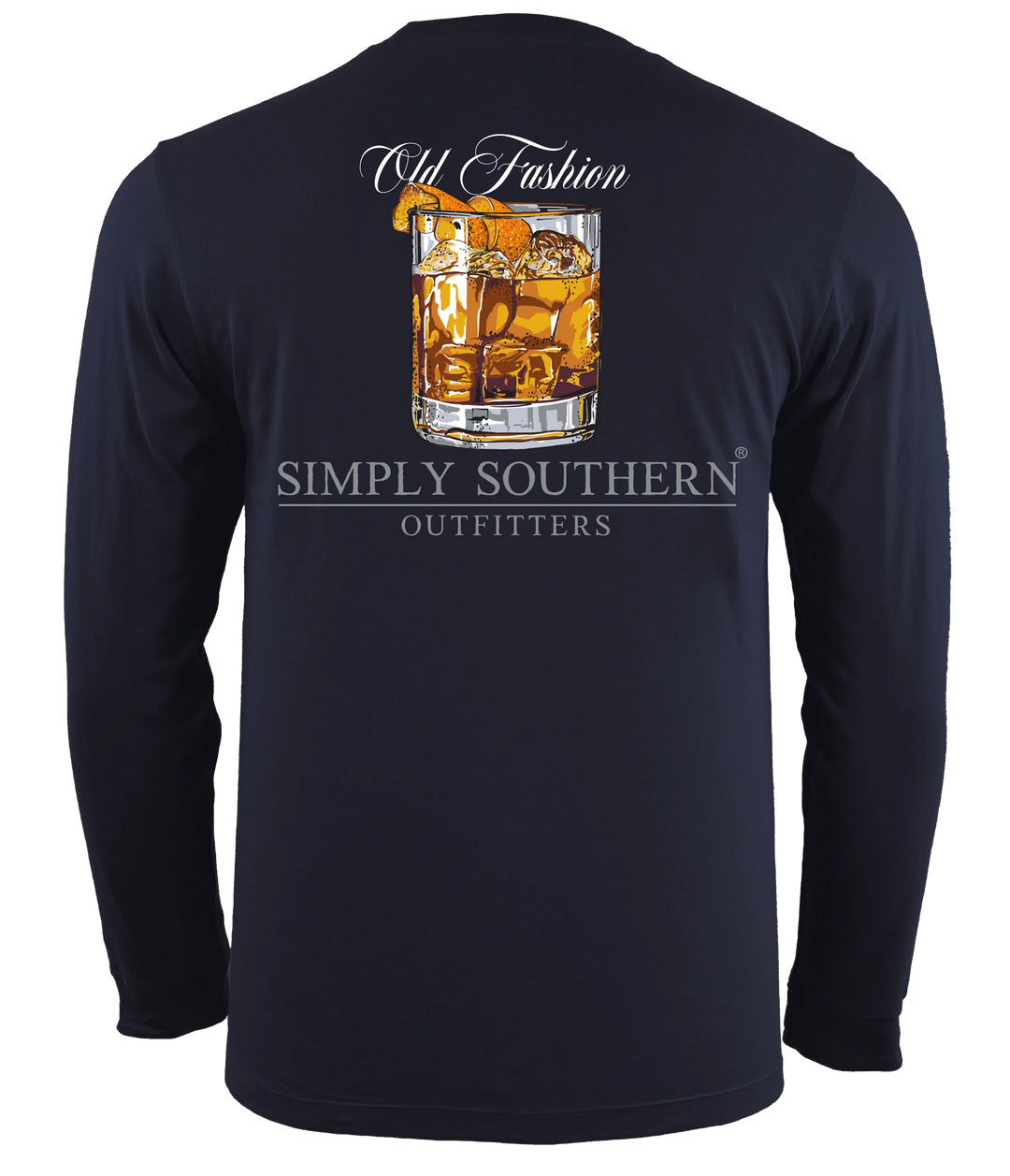 Navy blue long-sleeve Old Fashion unisex t-shirt with a sizing guide, featuring an illustration of an old fashioned cocktail on the back, labeled "old fashion" above the image.