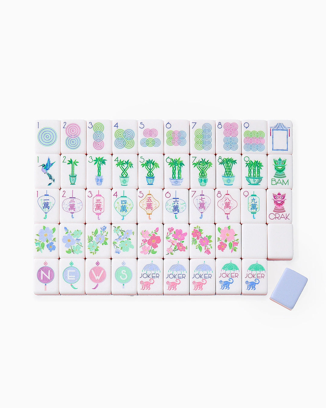 Elegant Luminaire Mahjong Tiles in rows display suits and jokers; available sizes: standard, large. One tile is face down.