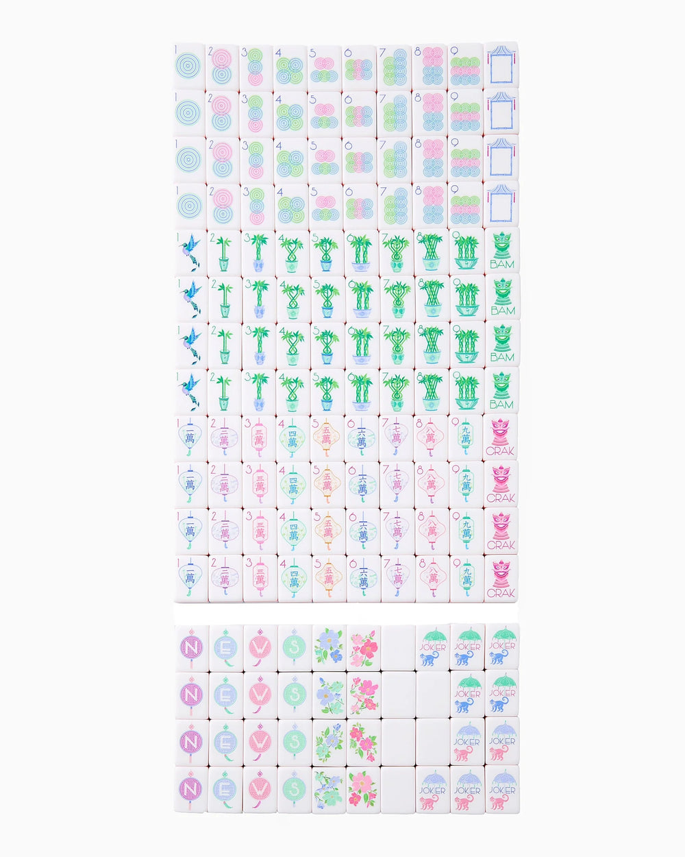 Luminaire Mahjong Tiles set with bamboos, flowers, lanterns, jokers; available in standard and large sizes.