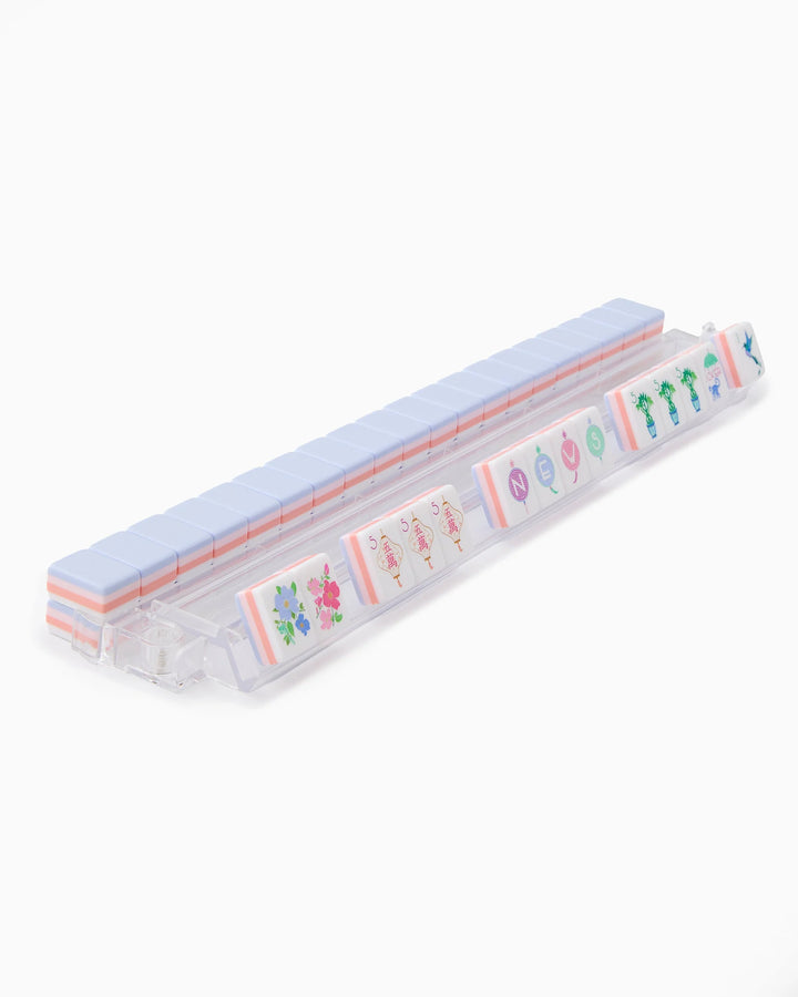 The Luminaire Mahjong Tiles set includes a clear tray with pastel tiles in floral, bird, and pattern designs. Sizes: standard.