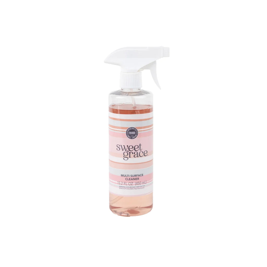 15.2 fluid ounce Sweet Grace Multi-Surface Cleaner spray bottle with white and pink striped label.