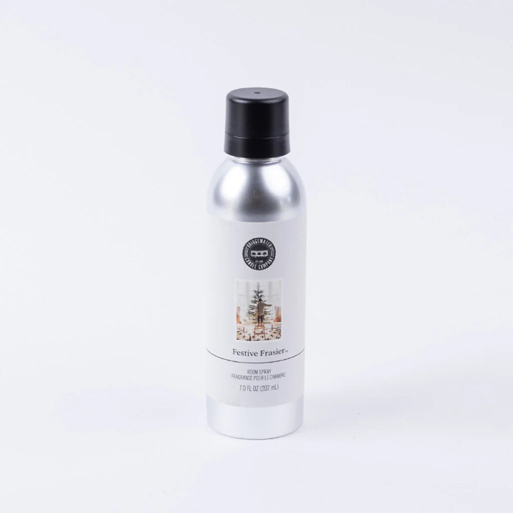 Festive Frasier Non-Aerosol Room Spray in a 7.0 fl oz silver aluminum bottle with a black cap.