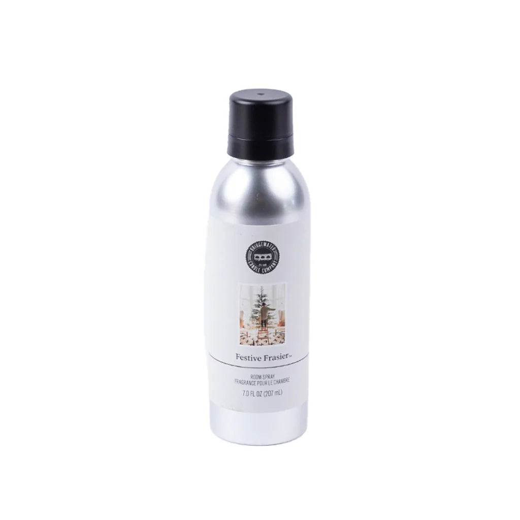 7-ounce Festive Frasier Non-Aerosol Room Spray in a silver container with a black cap and Christmas tree label.