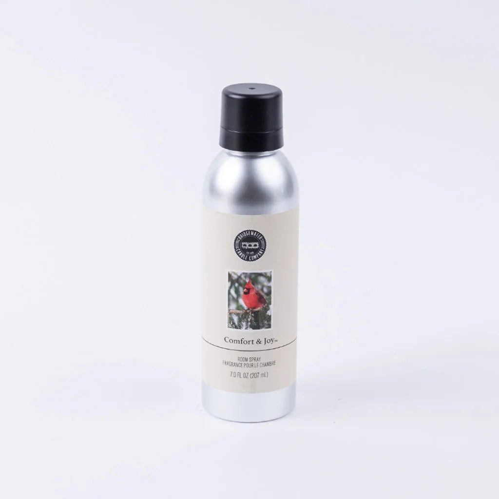 Silver Comfort &amp; Joy Non-Aerosol Room Spray, 7.0 fluid ounce, with a black cap and red cardinal label.