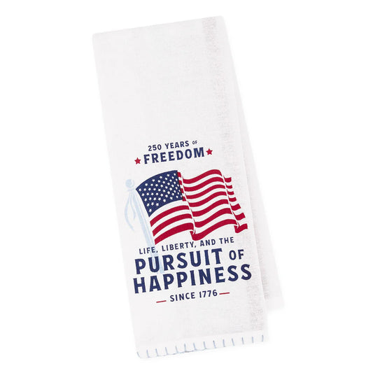 White cotton dishtowel with American flag, "250 years of freedom..." text. Sizes available: standard, large.