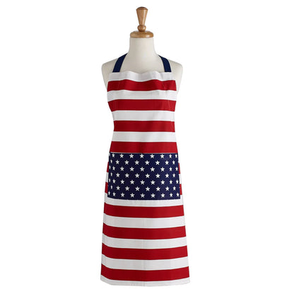 Stars & Stripes Apron: adjustable cotton, red/white stripes, blue pocket with white stars. Available in S, M, L.