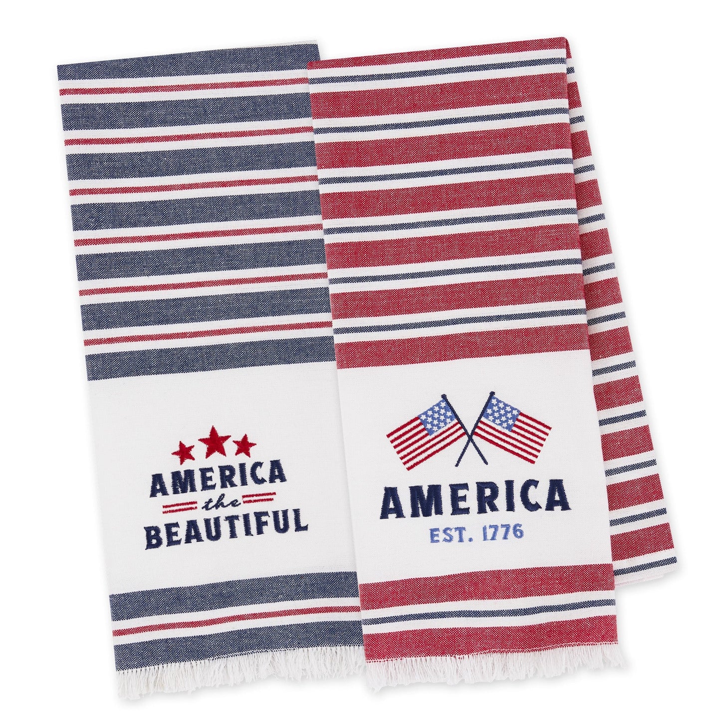 Set of 2 America Stripes Dishtowels: blue/red stripes, “America the Beautiful”; red stripes, flags, “America Est. 1776.” Sizes: standard.