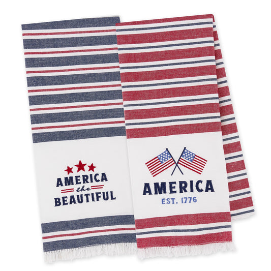 Set of 2 America Stripes Dishtowels: blue/red stripes, “America the Beautiful”; red stripes, flags, “America Est. 1776.” Sizes: standard.