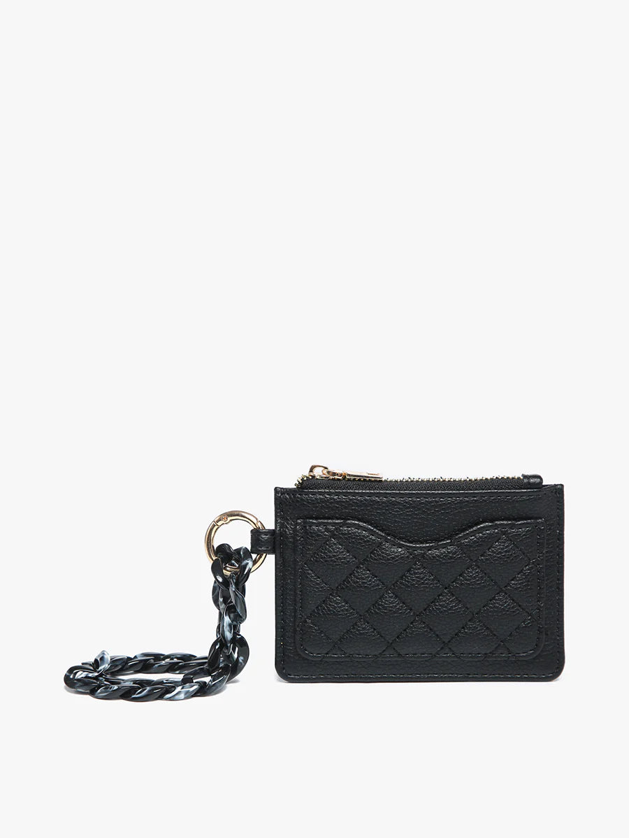 Small black quilted cardholder wallet with zipper, exterior card slot, chunky black chain, gold key ring. Sizes: One size.