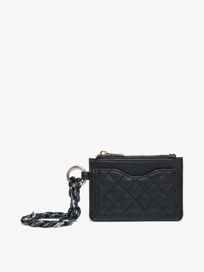 Small black quilted cardholder wallet with zipper, exterior card slot, chunky black chain, gold key ring. Sizes: One size.