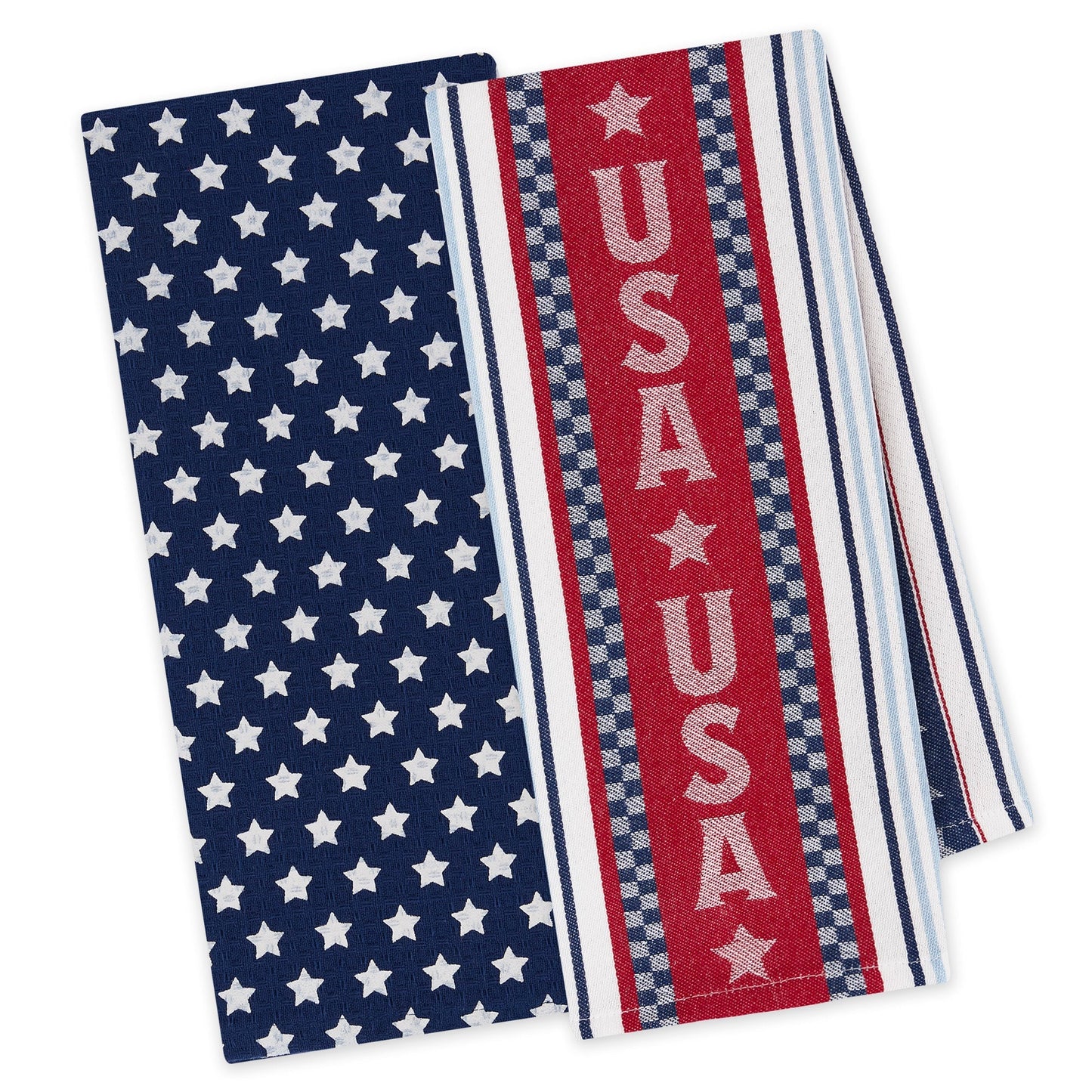 Set of 2: navy dishtowel with white stars, striped red/white/blue towel with "USA" text. Sizes available.