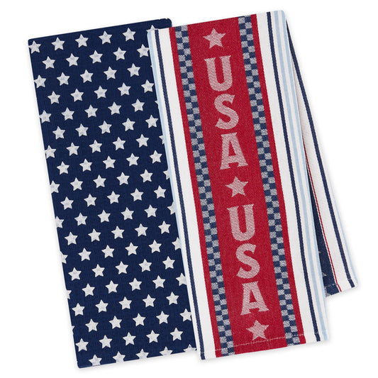 Set of 2: navy dishtowel with white stars, striped red/white/blue towel with "USA" text. Sizes available.