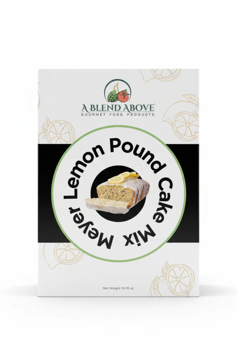 Meyer Lemon Pound Cake Mix box featuring a photo of iced, sliced lemon pound cake with citrus glaze and lemon garnish on the front; available sizes not specified.