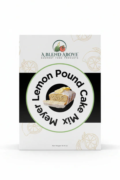 Meyer Lemon Pound Cake Mix box featuring a photo of iced, sliced lemon pound cake with citrus glaze and lemon garnish on the front; available sizes not specified.