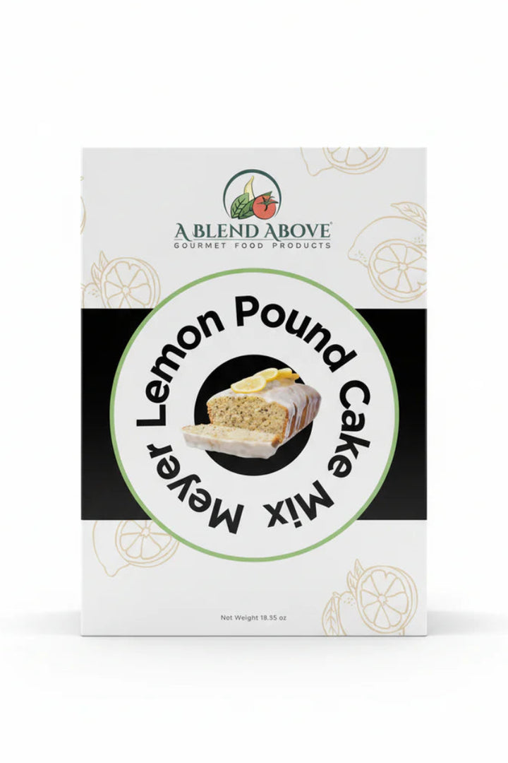 Meyer Lemon Pound Cake Mix box featuring a photo of iced, sliced lemon pound cake with citrus glaze and lemon garnish on the front; available sizes not specified.