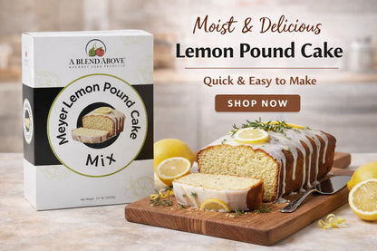 Meyer Lemon Pound Cake with citrus glaze and herb garnish, available as a quick and easy mix in various sizes.