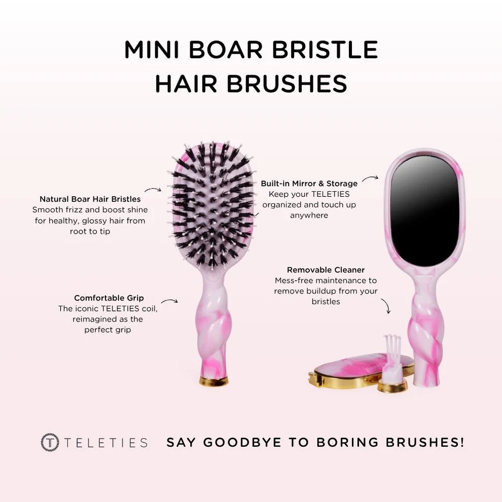 Two Pinch Me! Tie Dye Pink Boar Bristle Hair Brushes, one with natural bristles, one with mirror, cleaner, and storage; sizes: small/large.