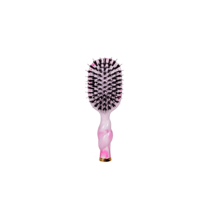 Pink and white oval boar bristle hair brush with twisted handle for frizz control. Available in standard and travel sizes.