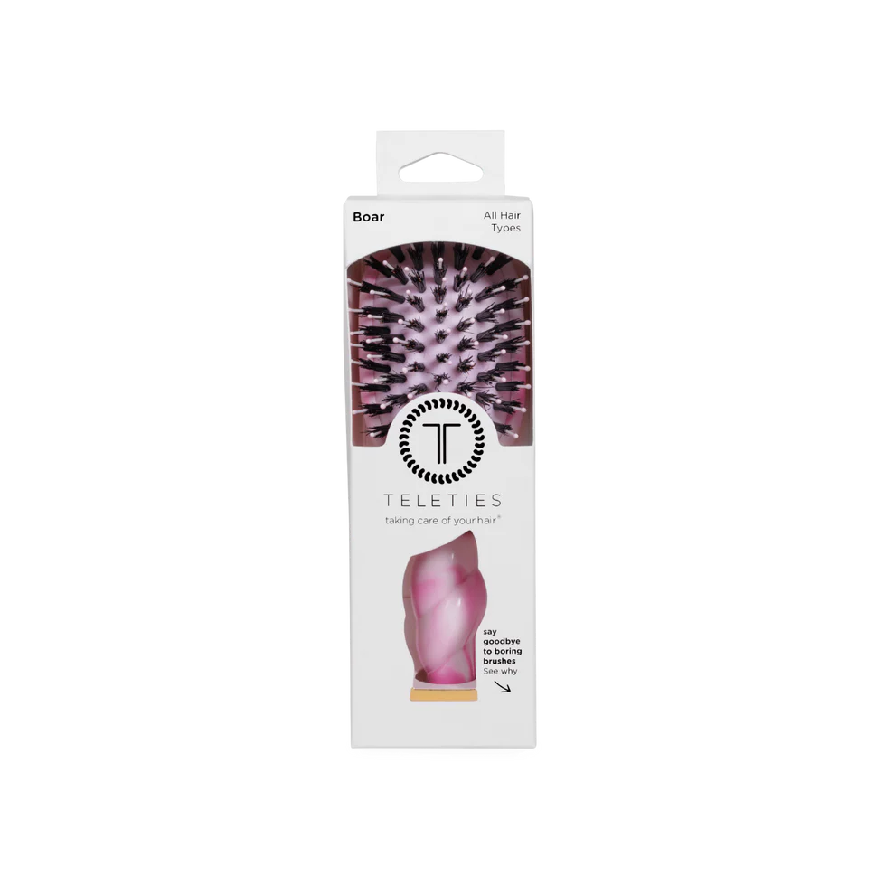 TELETIES Pinch Me! Tie Dye Pink Boar Bristle Hair Brush in clear-window white box; for all hair types; controls frizz. Sizes available.