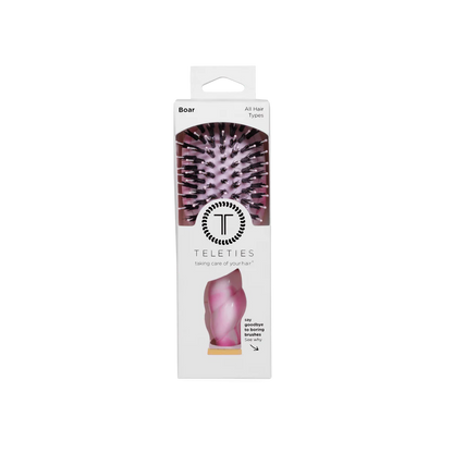 TELETIES Pinch Me! Tie Dye Pink Boar Bristle Hair Brush in clear-window white box; for all hair types; controls frizz. Sizes available.