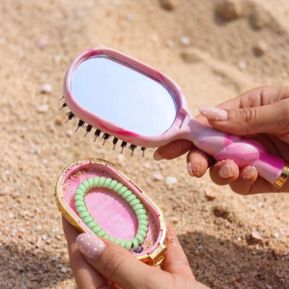 Pinch Me! Tie Dye Pink Boar Bristle Hair Brush with built-in mirror and case. Available in small, medium, and large sizes.