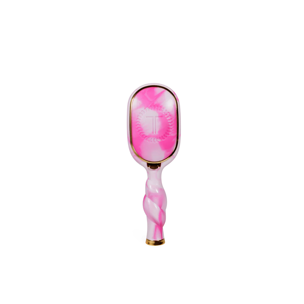 Pinch Me! Tie Dye Pink Boar Bristle Hair Brush with pink-white swirls, gold accents, oval head, and twisted handle. Sizes: S/M/L.