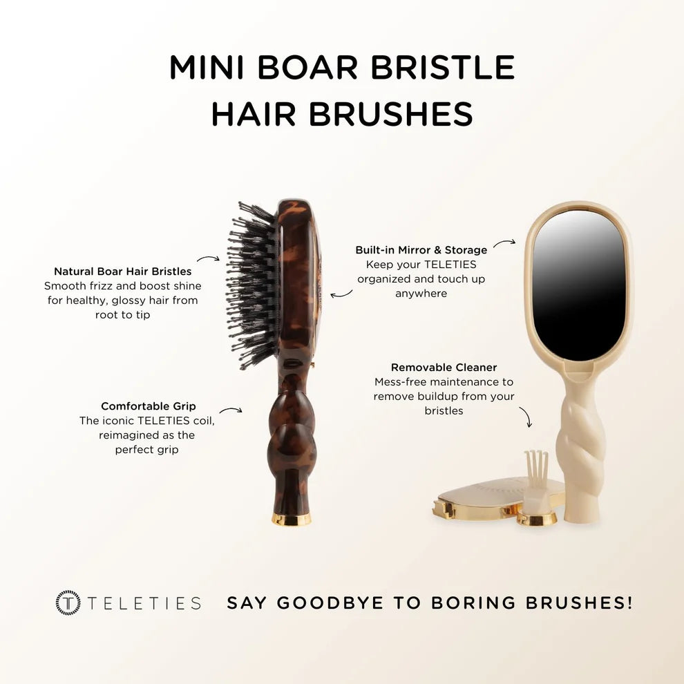 Compact Mini Boar Brush | Tortoise with natural bristles, ergonomic grip, built-in storage. Travel size. Sizes available.