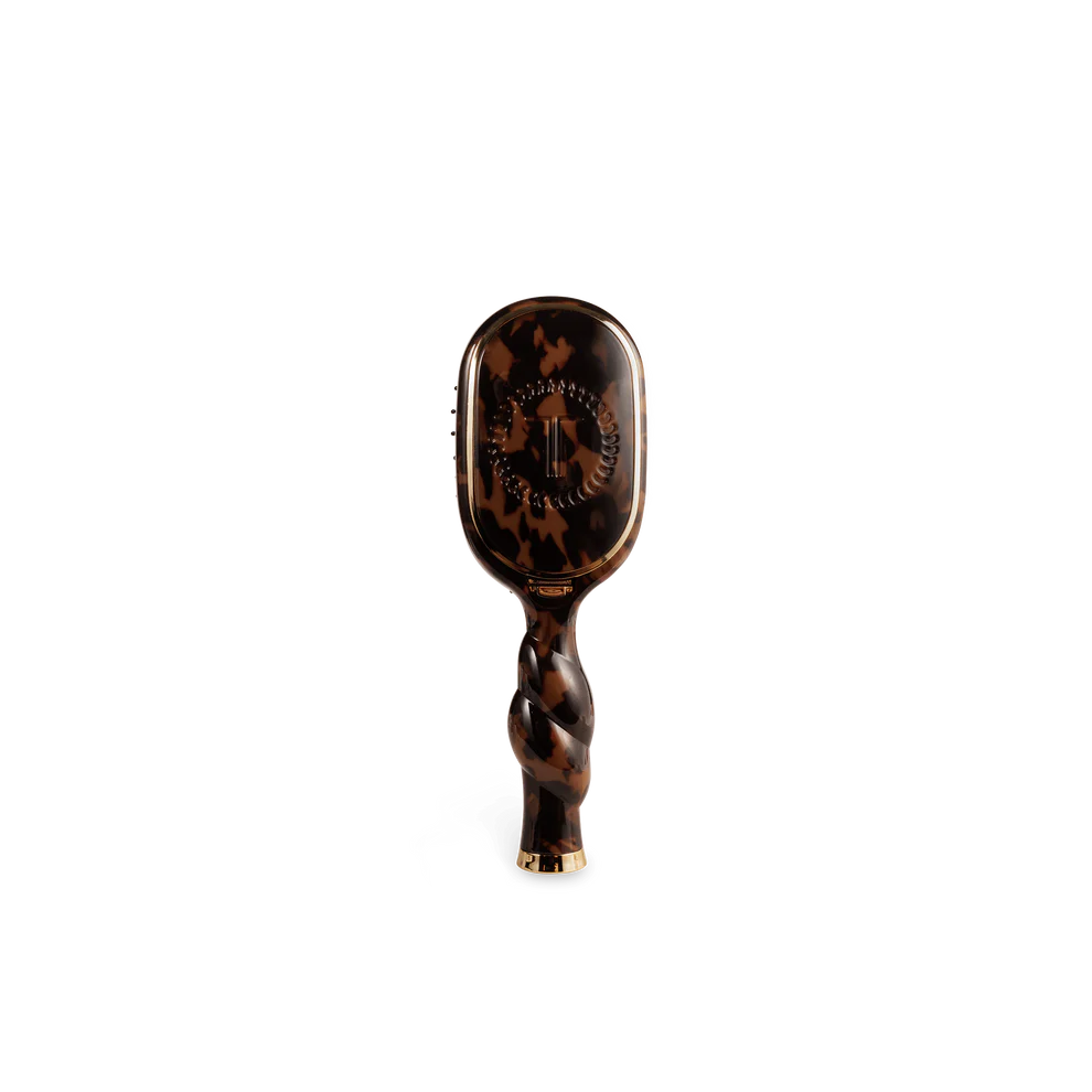 Mini Boar Brush | Tortoise with brown tortoiseshell pattern, twisted handle, gold accents. Available in mini size.