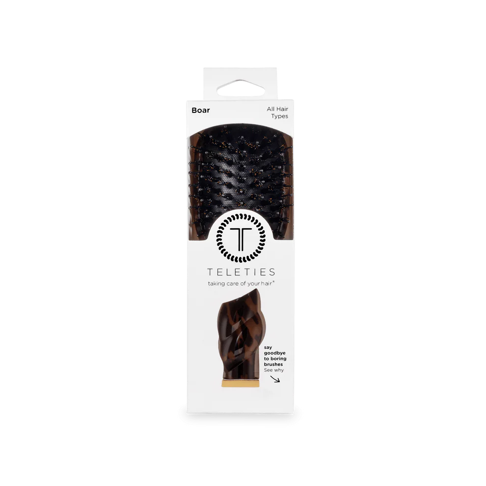 Mini Boar Brush | Tortoise, brown and black bristles, "TELETIES" on white packaging; size: mini; for all hair types.
