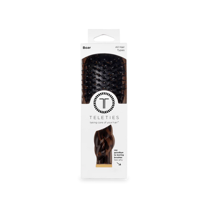 Mini Boar Brush | Tortoise, brown and black bristles, "TELETIES" on white packaging; size: mini; for all hair types.