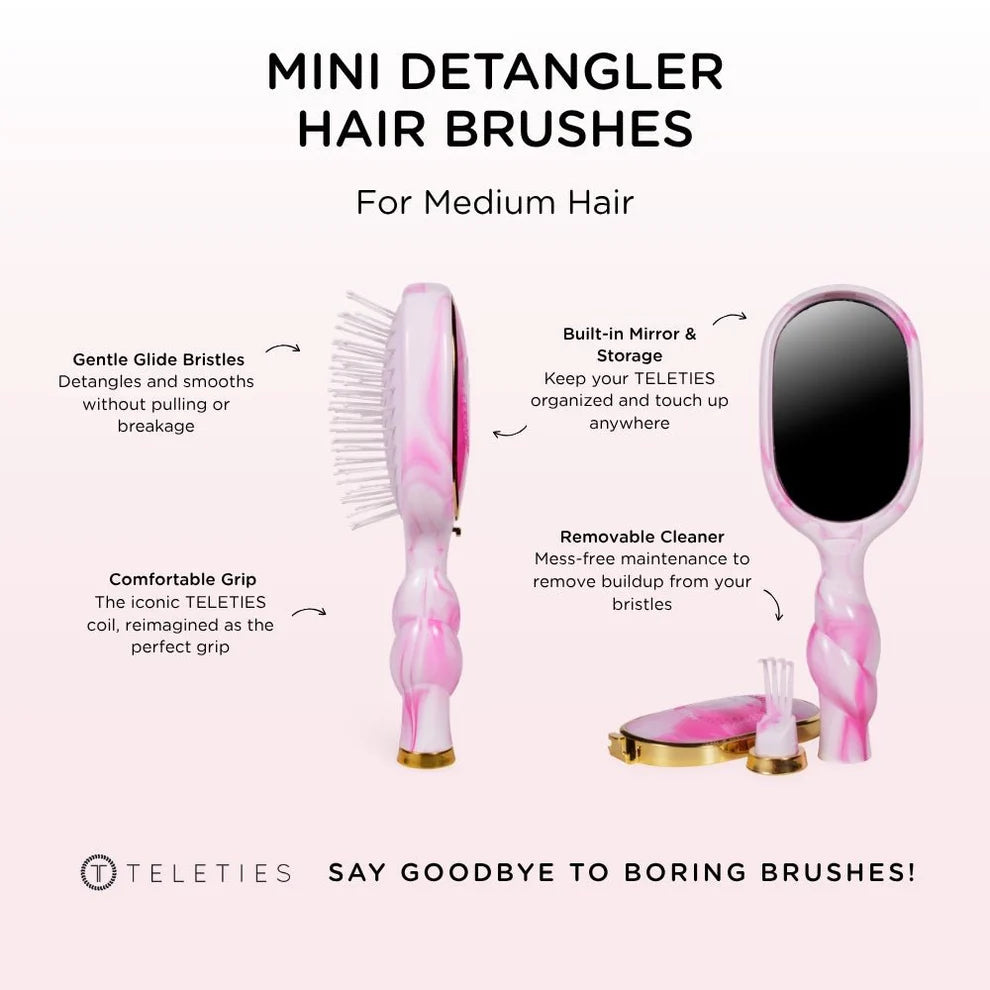 Pink and white detangler brush with gentle bristles, comfy grip, mirror, storage, removable cleaner. Available in medium size.