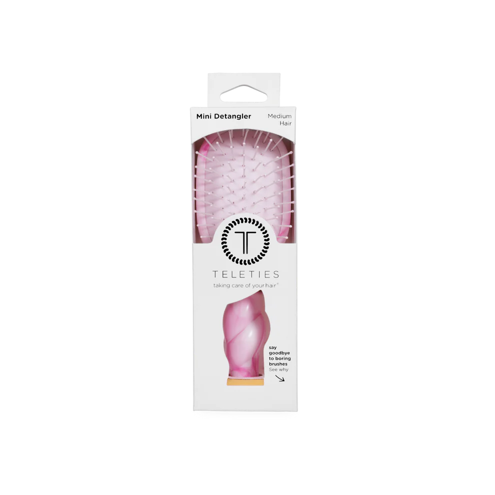 Pinch Me! Tie Dye Pink Detangler Hair Brush for medium hair in white box with logo, clear bristle window. Size: medium.