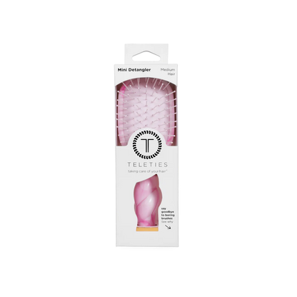 Pinch Me! Tie Dye Pink Detangler Hair Brush for medium hair in white box with logo, clear bristle window. Size: medium.