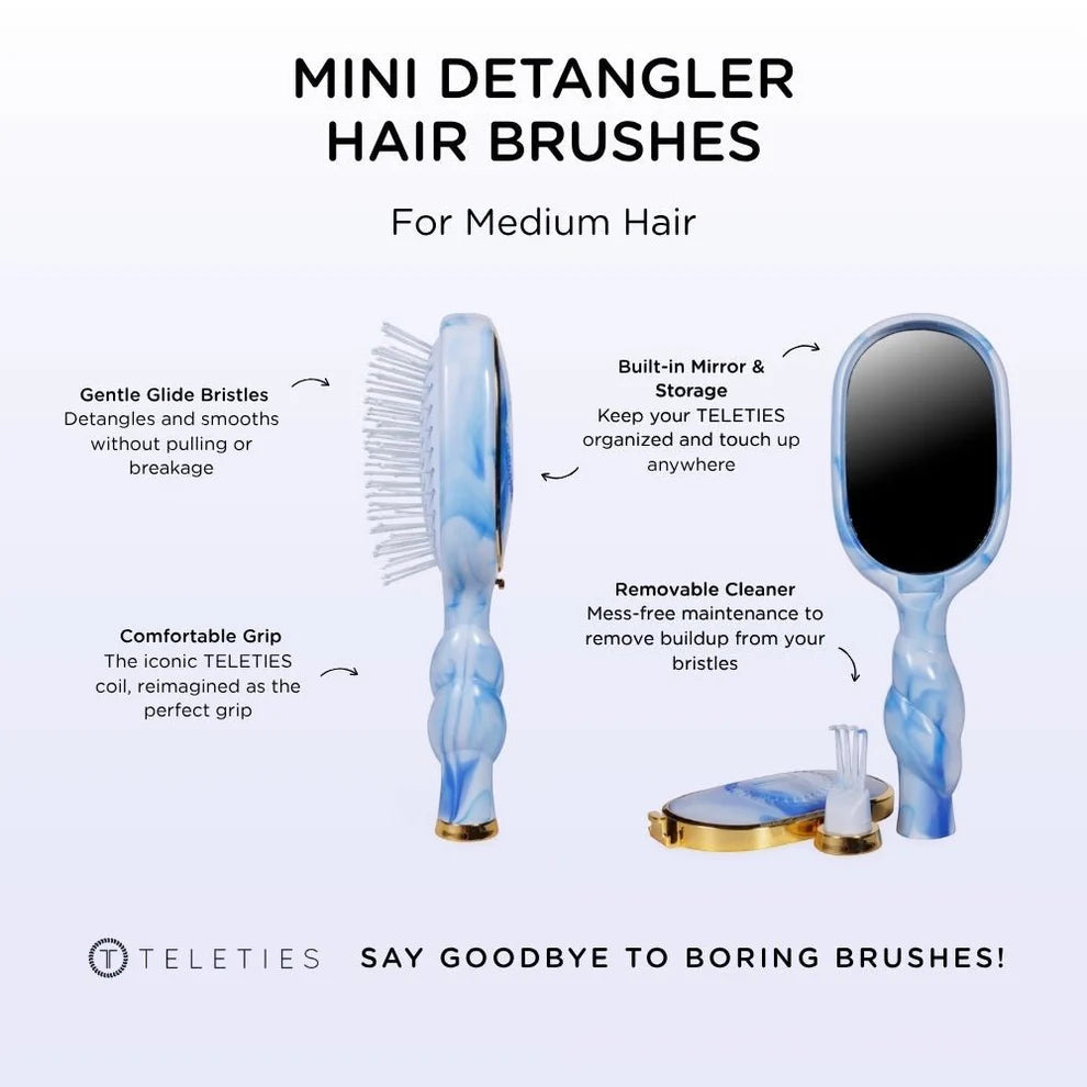 Blue Mini Detangler Brush for Medium Hair, built-in mirror, gentle bristles, removable cleaner. Travel-size. Sizes: medium only.