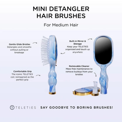 Blue Mini Detangler Brush for Medium Hair, built-in mirror, gentle bristles, removable cleaner. Travel-size. Sizes: medium only.