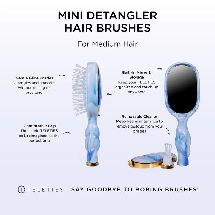 Blue Mini Detangler Brush for Medium Hair, built-in mirror, gentle bristles, removable cleaner. Travel-size. Sizes: medium only.
