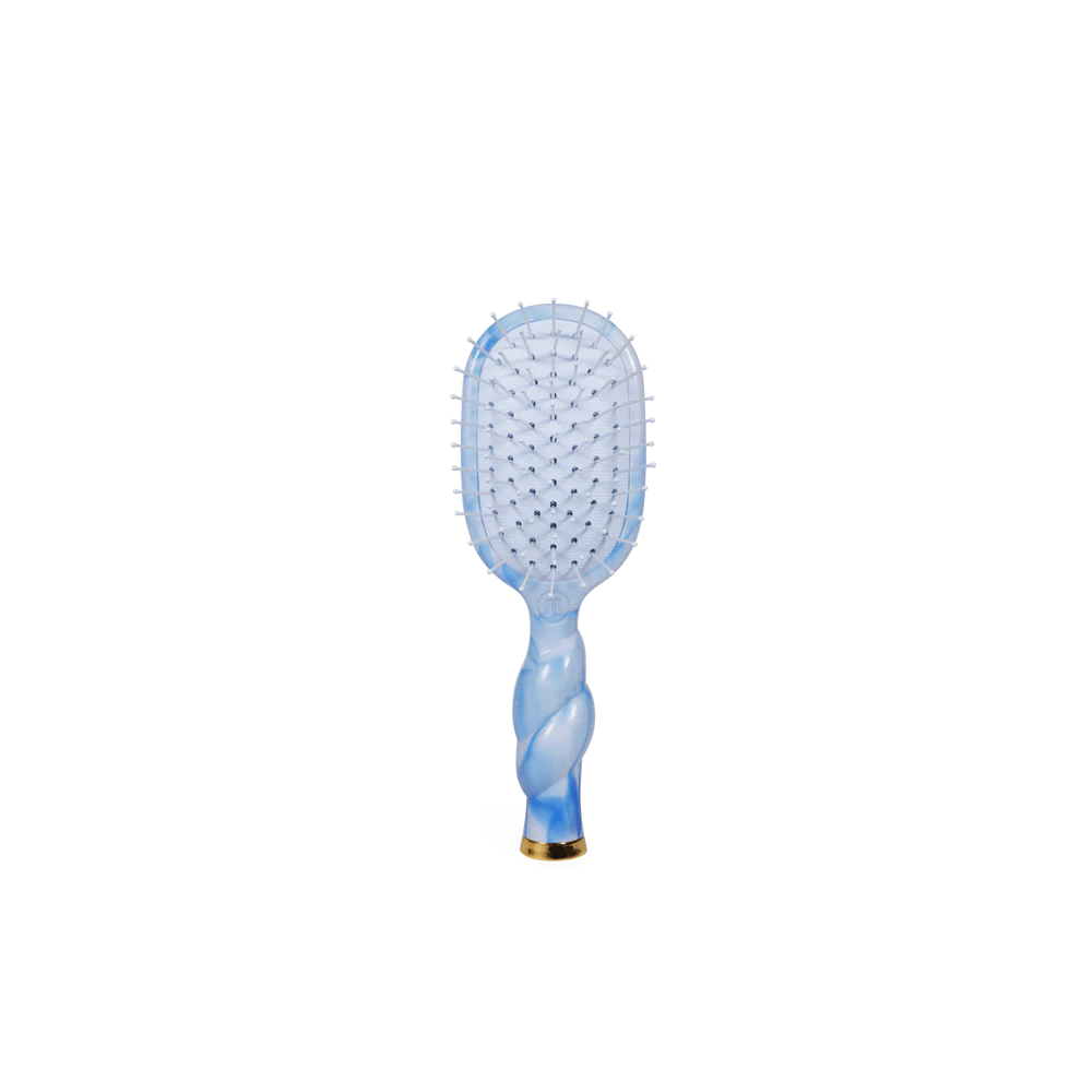 Mini Detangler Brush for Medium Hair in light blue with twisted handle, gold base. Available in mini size only.