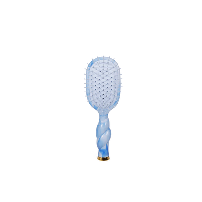 Mini Detangler Brush for Medium Hair in light blue with twisted handle, gold base. Available in mini size only.