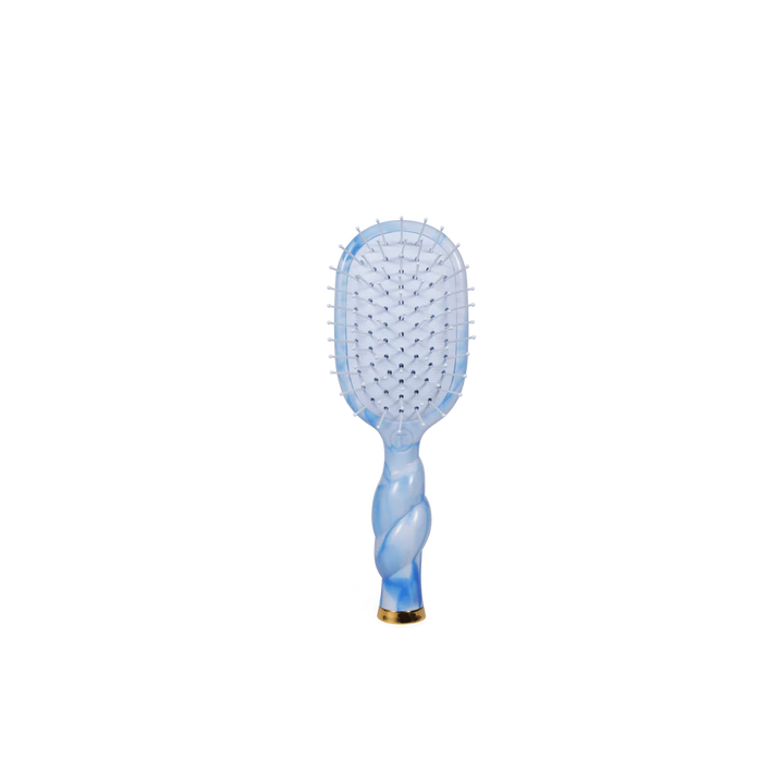 Mini Detangler Brush for Medium Hair in light blue with twisted handle, gold base. Available in mini size only.
