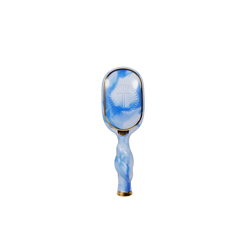 Mini Detangler Brush for Medium Hair with blue-white marble design, gold-trimmed handle, available in mini size.