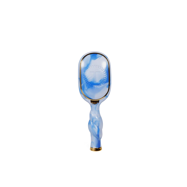 Mini Detangler Brush for Medium Hair with blue-white marble design, gold-trimmed handle, available in mini size.
