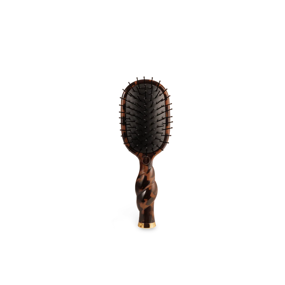 Mini Detangler Brush for Medium Hair | Tortoise: brown/black oval, tortoiseshell handle, black bristles. Travel size.