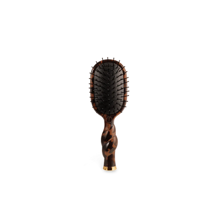 Mini Detangler Brush for Medium Hair | Tortoise: brown/black oval, tortoiseshell handle, black bristles. Travel size.