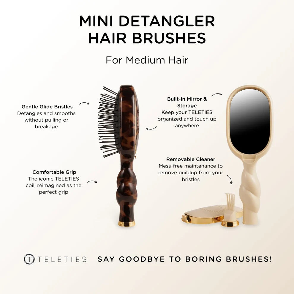 Mini Detangler Brush for Medium Hair in brown tortoiseshell, compact size. Includes mirror, cleaner, and TELETIES branding.