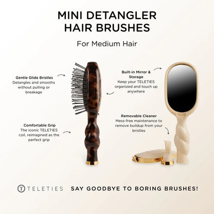 Mini Detangler Brush for Medium Hair in brown tortoiseshell, compact size. Includes mirror, cleaner, and TELETIES branding.