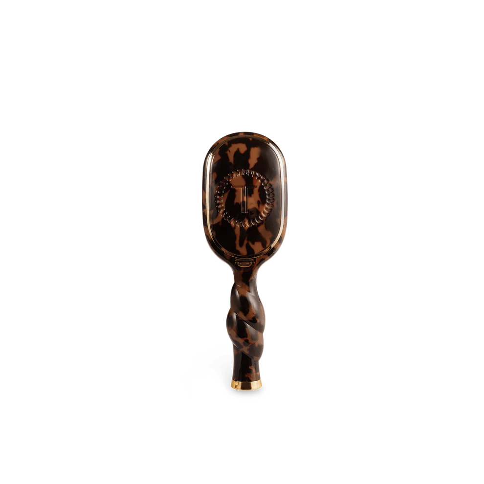 Mini Detangler Brush for Medium Hair | Tortoise with twisted handle, gold accents, tortoiseshell design; available in mini size.